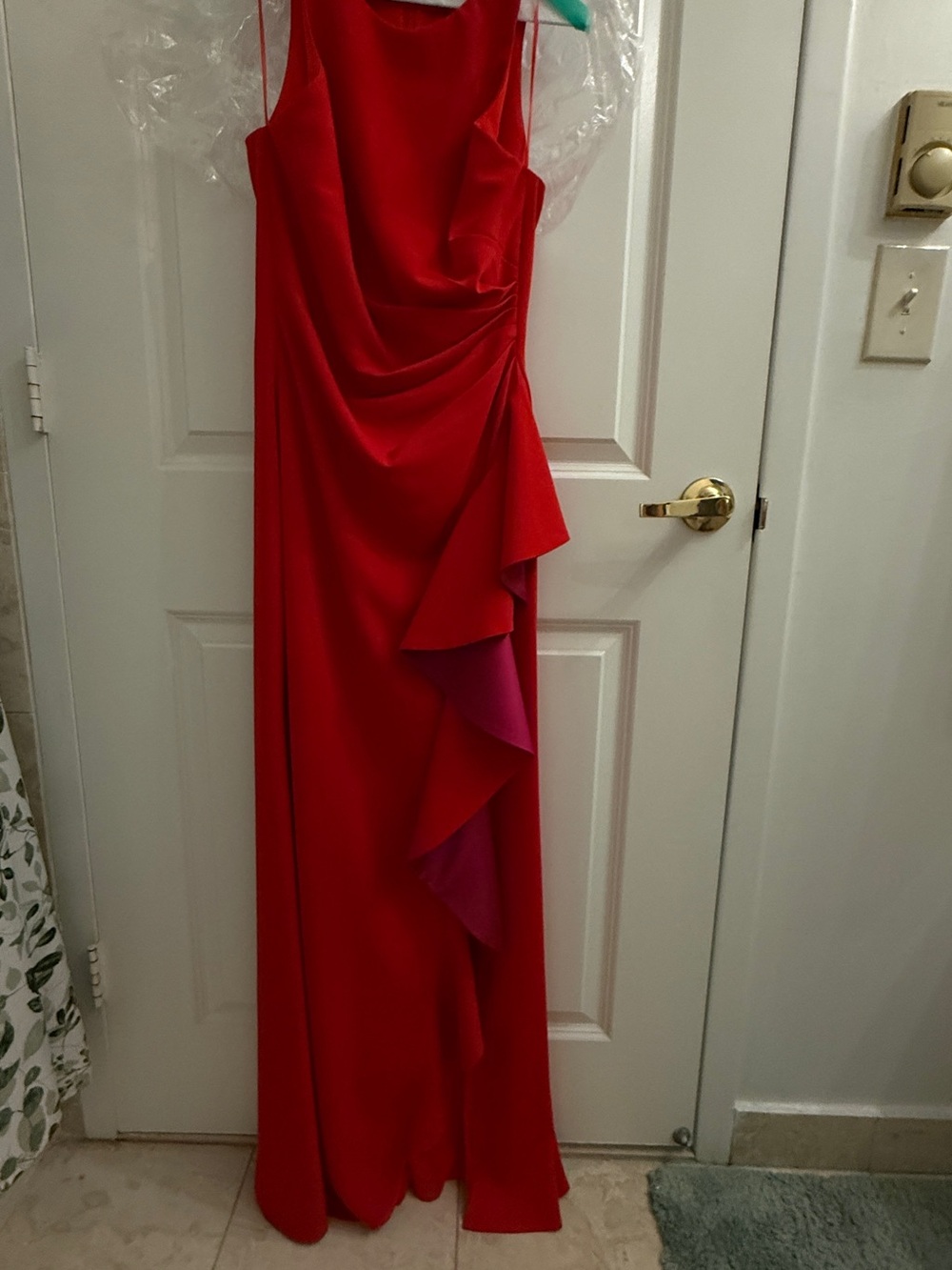 Carmen Marc Valvo Red Sleeveless Maxi Gown with Cascading Ruffle